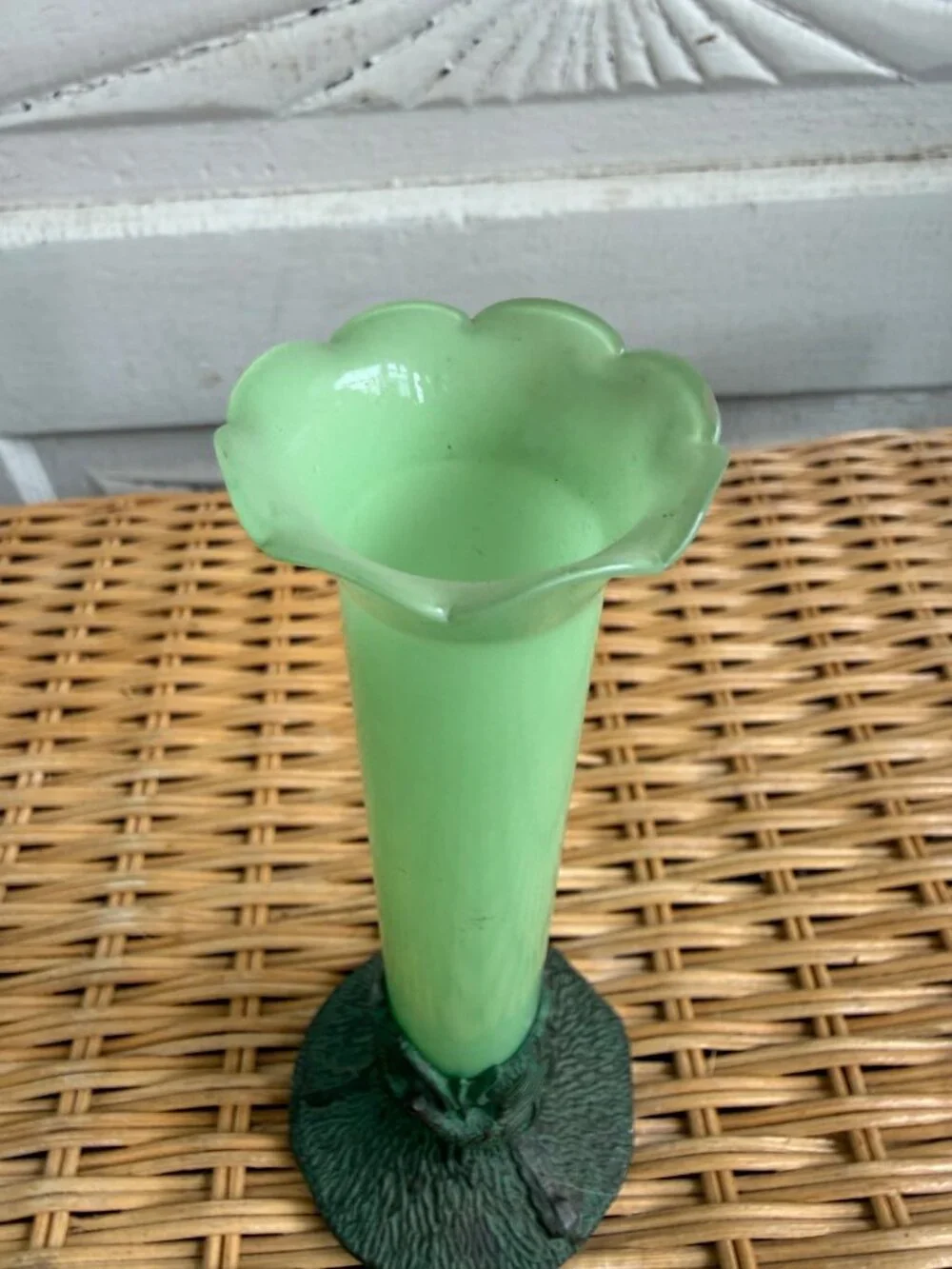Antique 1910s Nouveau Green Opaline Glass Trumpet Bud Vase Metal Base